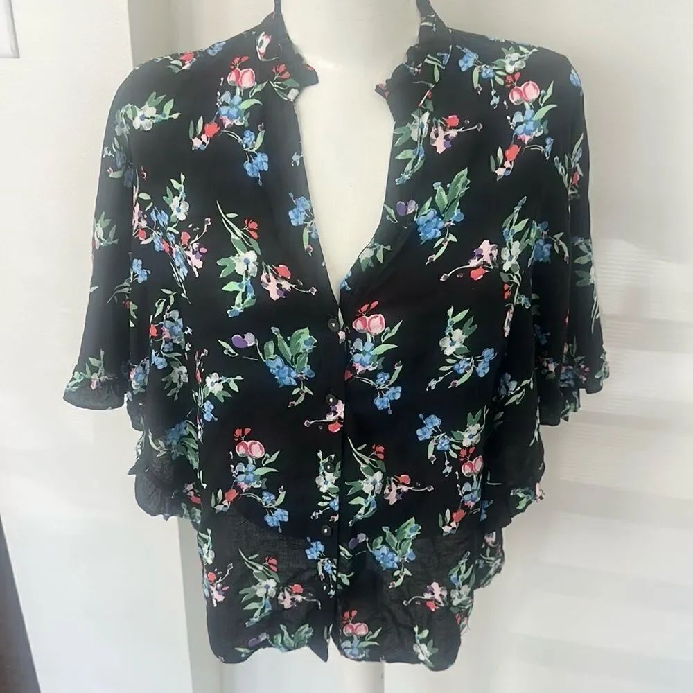 Maeve by Anthropologie Aveiro Black Floral Button Up Flutter Dolman Sleeve Top S